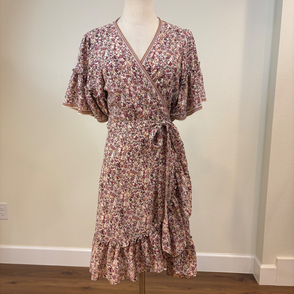 Max Studio Wrap Dress Womens Medium Pink Ditsy Floral Ruffle Boho cottagecore